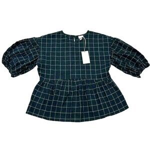 A New Day Women's XS Green Plaid Blouse Peplum Windowpane Boho Top St. Patricks